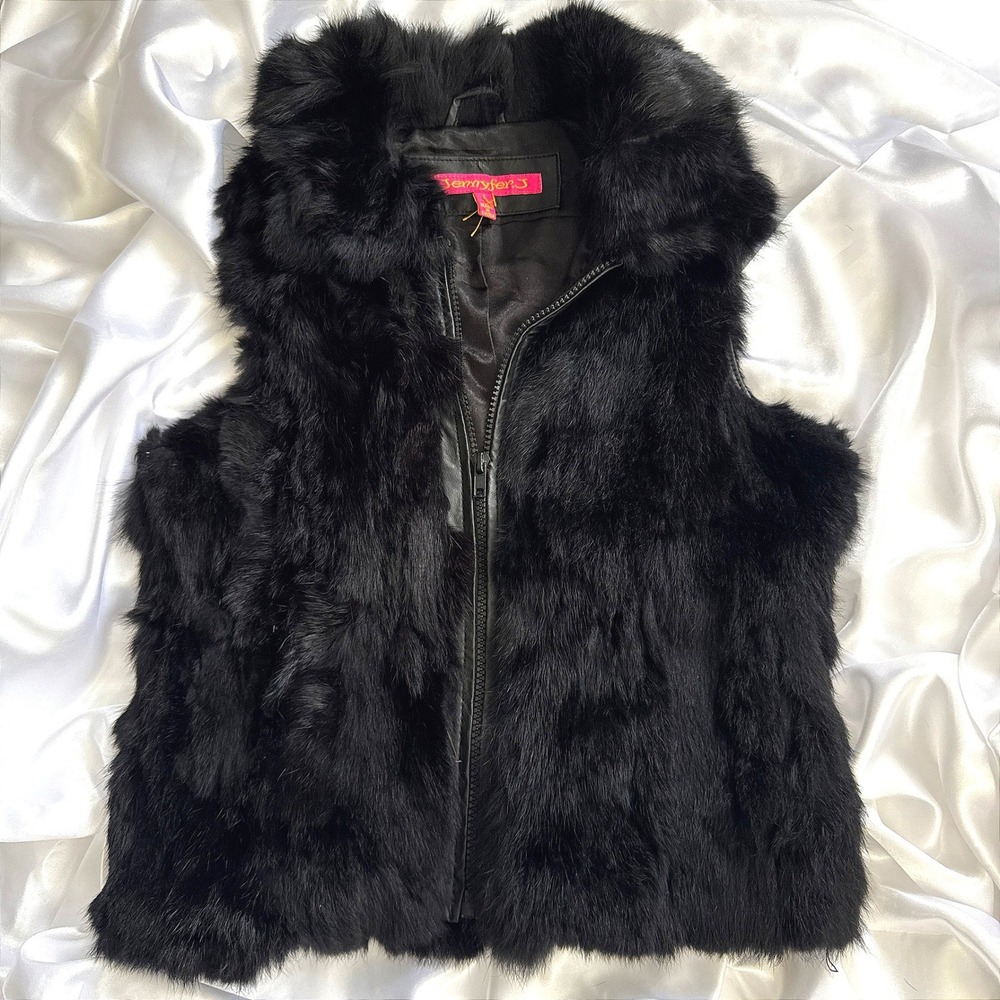 Jennyfer J Womens Genuine Rabbit Fur Vest‎ Black Zip Front Sleeveless Jacket